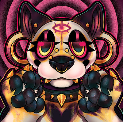 A pit bull fursona with tired eyes and piercings holds it's paws with shiny gold claws and soft pads in front of it's face. The image has a black and pink spiral background.